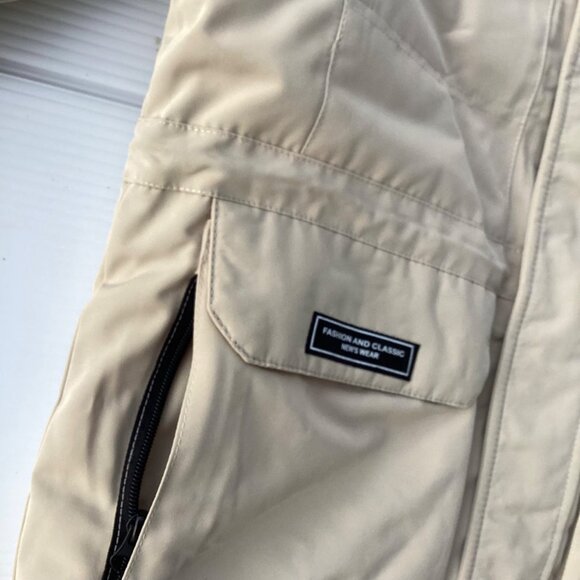 Mens Beige Hooded Winter Jacket With Fur Trim - Picture 11 of 12